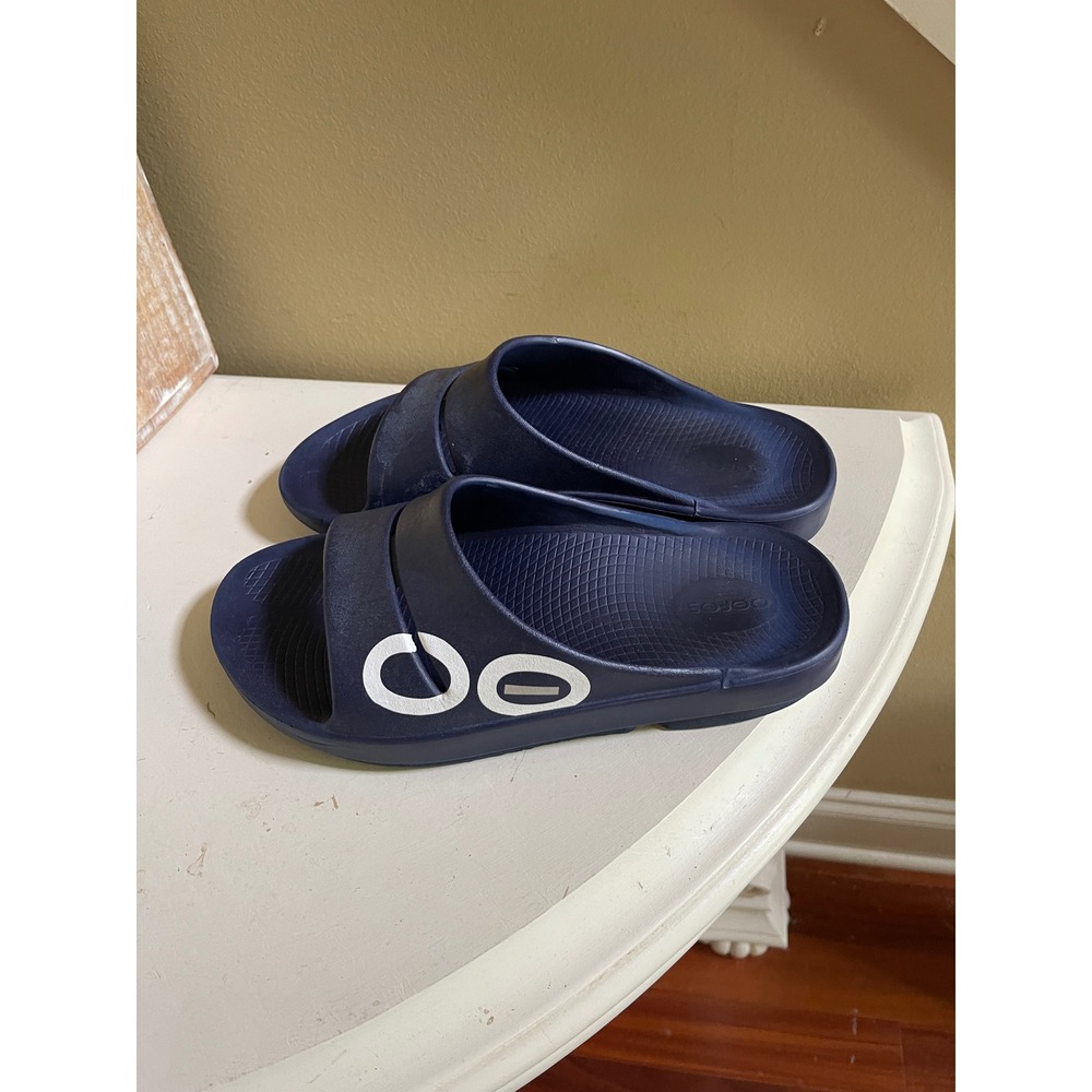 OOFOS OOahh Sport Slide Sandals Mens 8 Navy Blue Recovery Footwear Womans 10